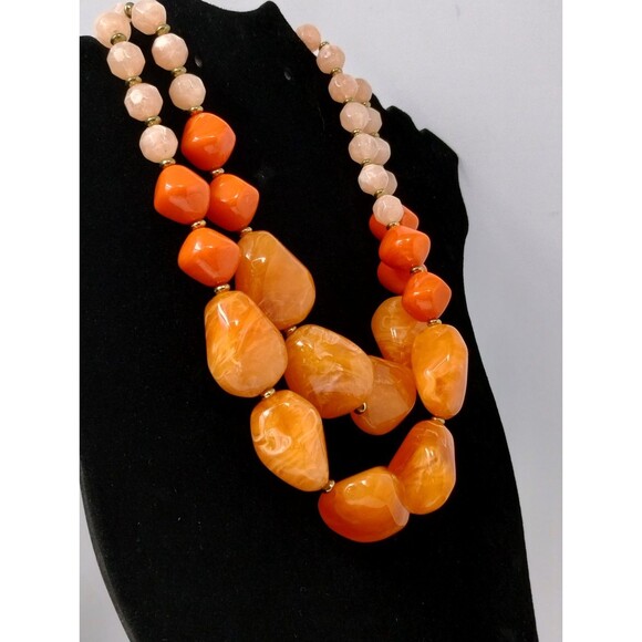Double Strand Necklace Chunky Orange Boho Jewelry Cruise Fall Fashion Statement - Picture 1 of 13